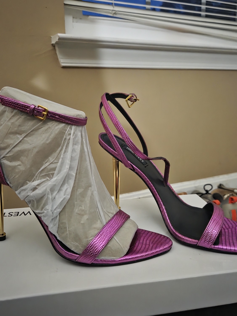 Metallic Pink Strappy Stiletto Sandals - Women's